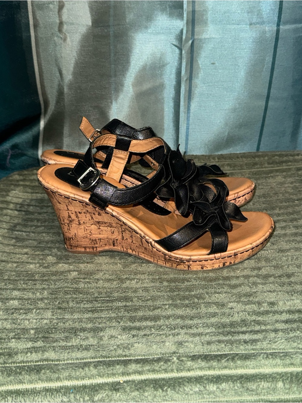 b.o.c. Black Floral Strap Cork Wedge Sandals